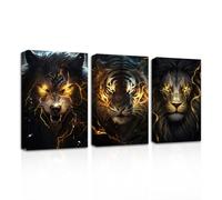 CXHOSTENT Black and Gold Animals Wall Art 3 Piece Tiger Lion Wolf with Gold Eyes Paintings Canvas Prints Wildlife Poster for Office Home Decor (Animal-1, 28.00 x 35.00 cms x 3PCS)