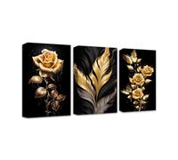 CXHOSTENT Black and Gold Flowers Wall Art 3 Pieces Golden Rose Butterfly and Leaves Canvas Prints Sparkling Floral Paintings For Home Decor (Flowers-1, 30.00 x 40.00 cms x 3PCS)