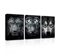 CXHOSTENT Black and White Animals Wall Art 3 Piece Tiger Lion Wolf Head with Blue Eyes Paintings Canvas Prints Wildlife Artwork Framed Office Decor (Animal-2, 28.00 x 35.00 cms x 3PCS)