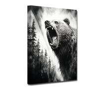 CXHOSTENT Black Bear Wall Art Bear Painting Brown Bear Roaring in the Forest Canvas Picture Black and White Animal Art Print for Cabin Decor (Bear-1, 40.00 x 60.00 cms)
