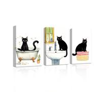 CXHOSTENT Black Cat Pictures Bathroom Decor 3 Panels - Cute Cat in Bathtub, Towel, Sink Canvas Prints - Funny Animals Picture for Toilet (Bathroom-4, 28.00 x 35.00 cms x 3PCS)