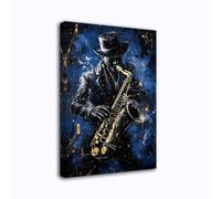 CXHOSTENT Black Jazz Canvas Wall Art Abstract Black Music Painting Prints African American Picture Musical Instruments Artwork for Men Room Decor Framed (Blue, 30.00 x 45.00 cms)