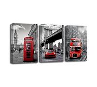 CXHOSTENT Black White and Red Canvas Wall Art 3 Piece Brooklyn Bridge London Big Ben Berlin Street Landscape Painting Prints for Girl Room Decor (C, 30.00 x 40.00 cms x 3PCS)