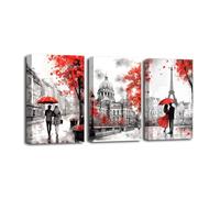 CXHOSTENT Black White and Red Canvas Wall Art 3 Piece Romantic Couple with Umbrella Street Scenery Painting Prints Anniversary Decor Framed (C, 28.00 x 35.00 cms x 3PCS)