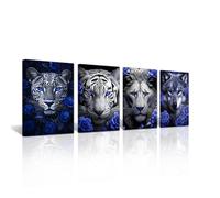 CXHOSTENT Black White Animal Canvas Wall Art 4 Piece Panther Tiger Lion Wolf Picture Blue Eyes & Roses Poster Prints Wild Animal Painting for Man Cave Office Framed (Blue, 8x12inchx4 Pieces)