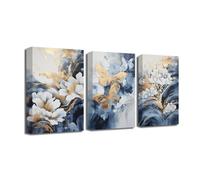 CXHOSTENT Blue and Gold Flowers Wall Art - 3 Pieces Blue White Golden Floral and Butterfly Paintings - Abstract Floral Picture for Bedroom Decor (28.00 x 35.00 cms x 3PCS)