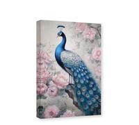 CXHOSTENT Blue Peacock Canvas Wall Art Animal Painting Print Elegant Peacock and Pink Floral Picture Modern Living Room Decor Frame (Peacock - 1, 60.00 x 90.00 cms)