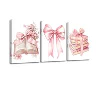 CXHOSTENT Bow Wall Decor Set of 3 Pink Bow Books Canvas Wall Art Coquette Preppy Room Aesthetic Picture Prints For Girls Dormitory Nursery Decor Framed (Red, 11x14inchx3 Pieces)