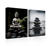 CXHOSTENT Buddha Canvas Wall Art 2 Pieces Black and White Zen Stone Painting Prints Spa Picture Zen Spiritual Decor for Yoga Meditation Room Framed (Buddha-2, 28.00 x 35.00 cms x 2PCS)