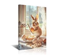 CXHOSTENT Bunny Canvas Wall Art Easter Bunny Wall Decor Cute Fluffy Rabbit in Cottage Garden Paintings Nursery Kids Room Posters Prints for Countryside Decor (Beige, 20L x 16W)