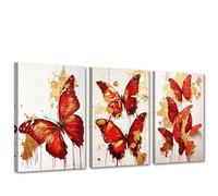 CXHOSTENT Butterfly Canvas Wall Art 3 PCS Red and Gold Wall Decor Butterflies Painting Print Modern Abstract Pictures Living Room Decor Framed (30x40cmx3)