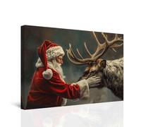 CXHOSTENT Christmas Canvas Wall Art Santa with Reindeer Poster Prints Vintage Santa Claus Painting Christmas Theme Paintings Rustic Winter Xmas Decor Framed (Black, 40.00 x 60.00 cms)