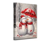 CXHOSTENT Christmas Snowman Canvas Wall Art Snowman Couple with Red Umbrella Painting Winter Snow Scene Picture Print Romantic Poster Bedroom Decor (Snowman-2, 30.00 x 45.00 cms)