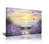 CXHOSTENT Coastal Beach Sunset Wall Art Rustic Lavender Picture Purple Floral Butterfly Canvas Prints Coastal Seascape Paintings Bathroom Decor Framed (16L x 24W)