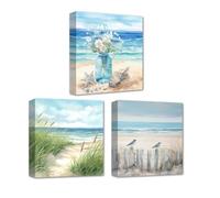 CXHOSTENT Coastal Picture Wall Art 3 Pieces Sand Dune Flower and Bird Canvas Print Blue Beach Ocean Seascape Floral Paintings for Bathroom Decor (Coastal-1, 25.00 x 25.00 cms x 3PCS)