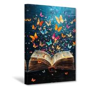 CXHOSTENT Colorful Butterfly Canvas Wall Art Vintage Book Pictures Butterflies Paintings Print Library Reading Room Bedroom Decor Framed (75L x 50W cm)