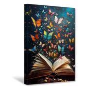 CXHOSTENT Colorful Butterfly Canvas Wall Art Vintage Book Pictures Butterflies Paintings Print Library Reading Room Bedroom Decor Framed (60L x 40W cm)
