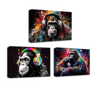 CXHOSTENT Cool Monkey Wall Art 3 Piece Graffiti Chimp Gorilla Canvas Prints Monkey With Headphones Wall Decor Abstract Animal Picture Boys Room Decor (Animal-4, 28.00 x 35.00 cms x 3PCS)