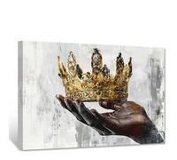 CXHOSTENT Crown Wall Art African American Canvas Art Black King Painting Print Hand with Golden Crown Pictures African King Poster Living Room Decor Frame (30.00 x 45.00 cms)