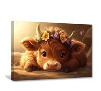 CXHOSTENT Cute Highland Cow Wall Art Nursery Animal Canvas Highland Cow Baby Picture Rustic Farmhouse Kids Room Bedroom Decor Framed (30L x 45W cm)