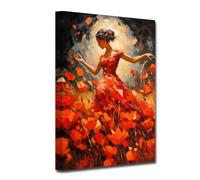 CXHOSTENT Dancing Girl Canvas Wall Art Abstract Black Woman Picture Prints Elegant Dancer with Red Flowers Painting for Girls Room Wall Decor Framed (Girl-2, 30.00 x 45.00 cms)