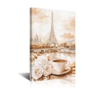 CXHOSTENT Eiffel Tower Canvas Wall Art Watercolor Paris with Cafe Paintings Prints Romantic French Country Wall Decor for Kitchen Dining Room Cafe Framed (Brown, 18L x 12W)