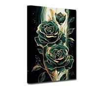 CXHOSTENT Emerald Green Flower Wall Art Abstract Green and Gold Canvas Prints Gold Emerald Rose Wall Decor Modern Floral Painting Home Decor Framed (Flower-2, 50.00 x 75.00 cms)