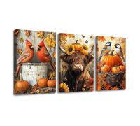 CXHOSTENT Fall Wall Art Pumpkins Picture 3 Pieces Wildlife Animals with Maple Leaves Canvas Print Autumn Harvest Painting Rustic Thanksgiving Wall Decor Framed (Brown, 12x16inchx3 Pieces)