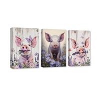 CXHOSTENT Farm Animal Canvas Wall Art 3 Pieces Pig and Lavender Pictures Print Rustic Animal Painting Farmhouse Kitchen Decor Frame (Pig - 2, 28x35cmx3Pcs)