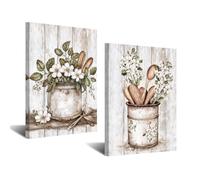 CXHOSTENT Farmhouse Kitchen Canvas Wall Art 2PCS Vintage Tableware & Floral Pictures Prints Rustic Kitchenware Painting Country Cottage Decor Framed (Brown, 11x14inchx2 Pieces)