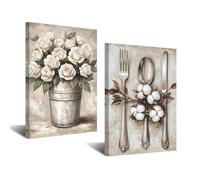 CXHOSTENT Farmhouse Kitchen Canvas Wall Art 2PCS Vintage Tableware & Floral Pictures Prints Rustic Kitchenware Painting Country Cottage Decor Framed (White, 11x14inchx2 Pieces)