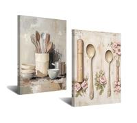 CXHOSTENT Farmhouse Kitchen Canvas Wall Art 2PCS Vintage Tableware & Floral Pictures Prints Rustic Kitchenware Painting Country Cottage Decor Framed (Beige, 11x14inchx2 Pieces)