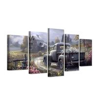 CXHOSTENT Farmhouse Truck Wall Art 5 Panels Rustic Barn Canvas Art Old Car and Floral Pictures Country Farm Painting Print Large Living Room Decor Frame (25x40cmx2 25x50cmx2 25x60cmx1)