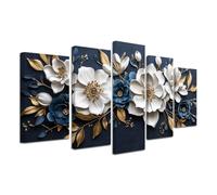CXHOSTENT Flower Canvas Wall Art 5 Pieces White and Gold Floral Pictures Abstract Elegant Floral Painting Print Large Artwork for Bedroom Office Decor Framed (Blue, 16x24inx2 16x32inx2 16x40inx1)