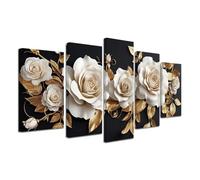 CXHOSTENT Flower Canvas Wall Art 5 Pieces White and Gold Floral Pictures Abstract Elegant Floral Painting Print Large Artwork for Bedroom Office Decor Framed (Black, 8x14inx2 8x18inx2 8x22inx1)