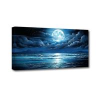 CXHOSTENT Full Moon Canvas Wall Art - Blue Ocean Landscape Pictures, Cloud Painting for Living Room Decor (Moon - 2, 40L x 80W cm)