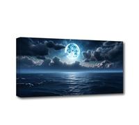 CXHOSTENT Full Moon Canvas Wall Art - Blue Ocean Landscape Pictures Prints in Cloud - Living Room Decor Frame (50L x 100W cm)