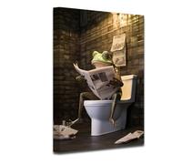 CXHOSTENT Funny Bathroom Wall Art Frog Reading Newspapers on Toilet Canvas Prints Animal Bathroom Picture for Restroom Baby Room Decor (A-1, 60.00 x 90.00 cms)