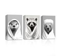 CXHOSTENT Funny Bathroom Wall Decor 3 Piece Bear Raccoon Sloth Wearing Bathrobes Canvas Wall Art Black And White Animals Picture Prints Toilet Decor (Bathroom-1, 28.00 x 35.00 cms x 3PCS)