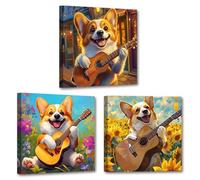 CXHOSTENT Funny Dog Wall Art 3 Panels Corgi Canvas Art Cute Animals Pictures Corgi Playing Guitar Print Country Sunflower Nursery Children's Room Decor Framed (40x40cmx3)