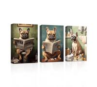 CXHOSTENT Funny Wall Art 3 Piece Dogs in the Toilet Canvas Prints French Bulldog Painting Animals Bathroom Pictures Wall Decor for Kid Room (30.00 x 40.00 cms x 3PCS)