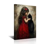 CXHOSTENT Gothic Black Cat Canvas Wall Art Girl Red Dress Holding Black Cat Picture Prints Gothic Wall Decor Vintage Artwork for Nursery Room Decor (24L x 16W)