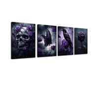 CXHOSTENT Gothic Canvas Wall Art 4PCS Dark Academia Butterfly Rose Crow Skull Painting Goth Horror Aesthetic Poster Vintage Halloween Picture Prints for Bedroom Framed (Purple, 8x12inchx4 Pieces)