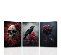 CXHOSTENT Gothic Wall Art Halloween Wall Decor Skull Canvas 3 Pieces Rose Skull Crow Pictures Dark Artwork Bedroom Gallery Decor Framed (28x35cmx3)