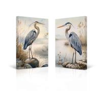 CXHOSTENT Heron Canvas Wall Art 2 Pieces Sea Bird Heron Picture Coastal Birds Poster Prints Beach Animal Painting for Farmhouse Bathroom Decor Framed (Blue, 60.00 x 90.00 cms x 2PCS)