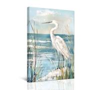 CXHOSTENT Heron Canvas Wall Art Sea Bird Heron Picture Coastal Birds Poster Prints Beach Animal Painting for Farmhouse Bathroom Decor Framed (White, 30.00 x 45.00 cms)
