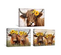 CXHOSTENT Highland Cow Canvas Wall Art 3 Pieces Funny Cattle with Sunflower Pictures Prints Rustic Animals Poster for Country Kitchen Bathroom Decor (cow-2, 40.00 x 60.00 cms x 3PCS)