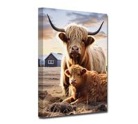 CXHOSTENT Highland Cow Canvas Wall Art Farmhouse Wall Decor Rustic Farm Animal Painting Cattle Picture Prints for Bathroom Kitchen Decor Framed (Cow-3, 50.00 x 75.00 cms)