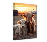 CXHOSTENT Highland Cow Canvas Wall Art Farmhouse Wall Decor Rustic Farm Animal Painting Cattle Picture Prints for Bathroom Kitchen Decor Framed (Cow-1, 60.00 x 90.00 cms)