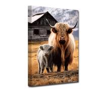 CXHOSTENT Highland Cow Canvas Wall Art Farmhouse Wall Decor Rustic Farm Animal Painting Cattle Picture Prints for Bathroom Kitchen Decor Framed (Cow-2, 50.00 x 75.00 cms)